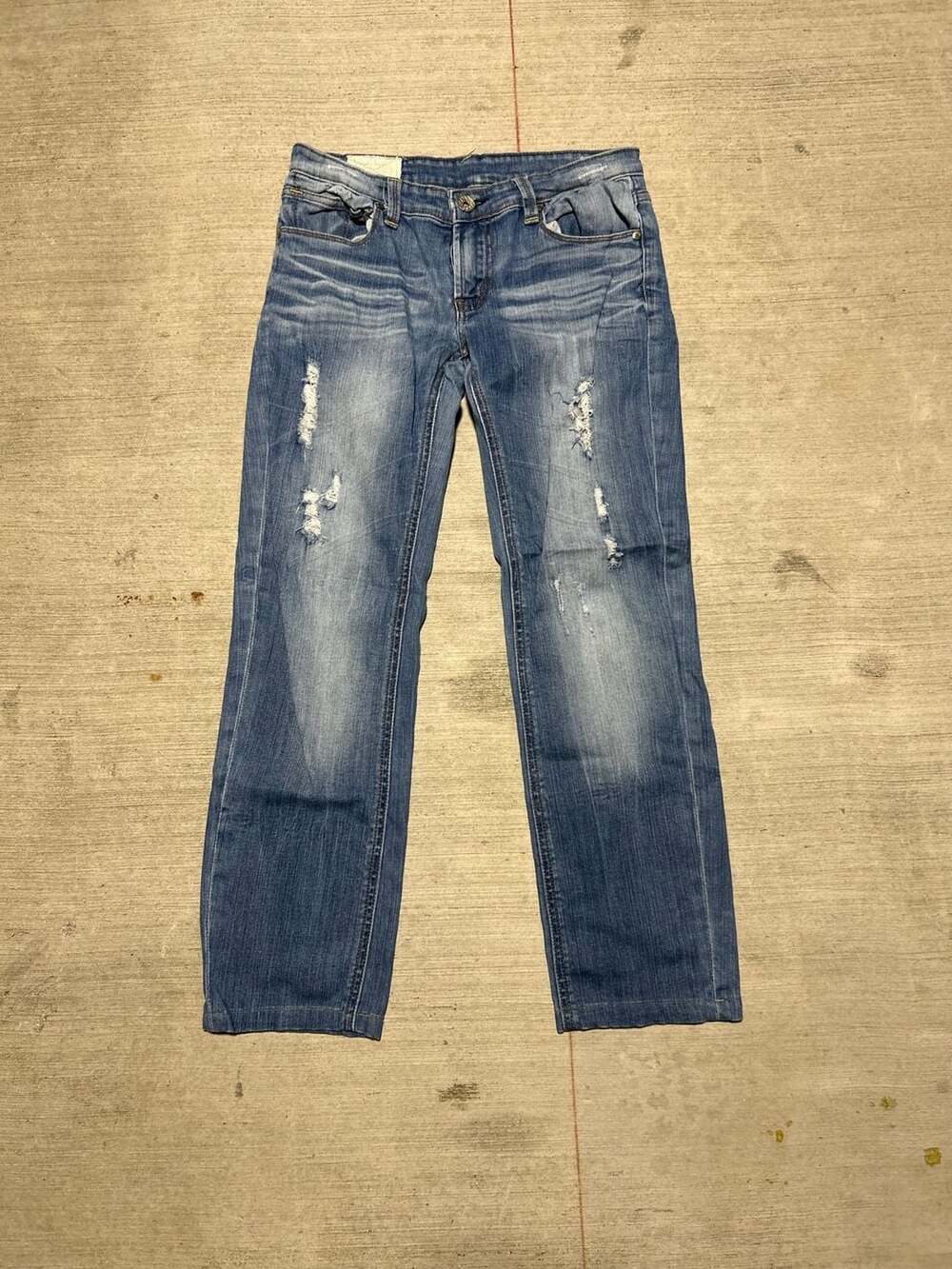 Y2K Machine Jeans Distressed Blue Denim Straight Leg Jeans
